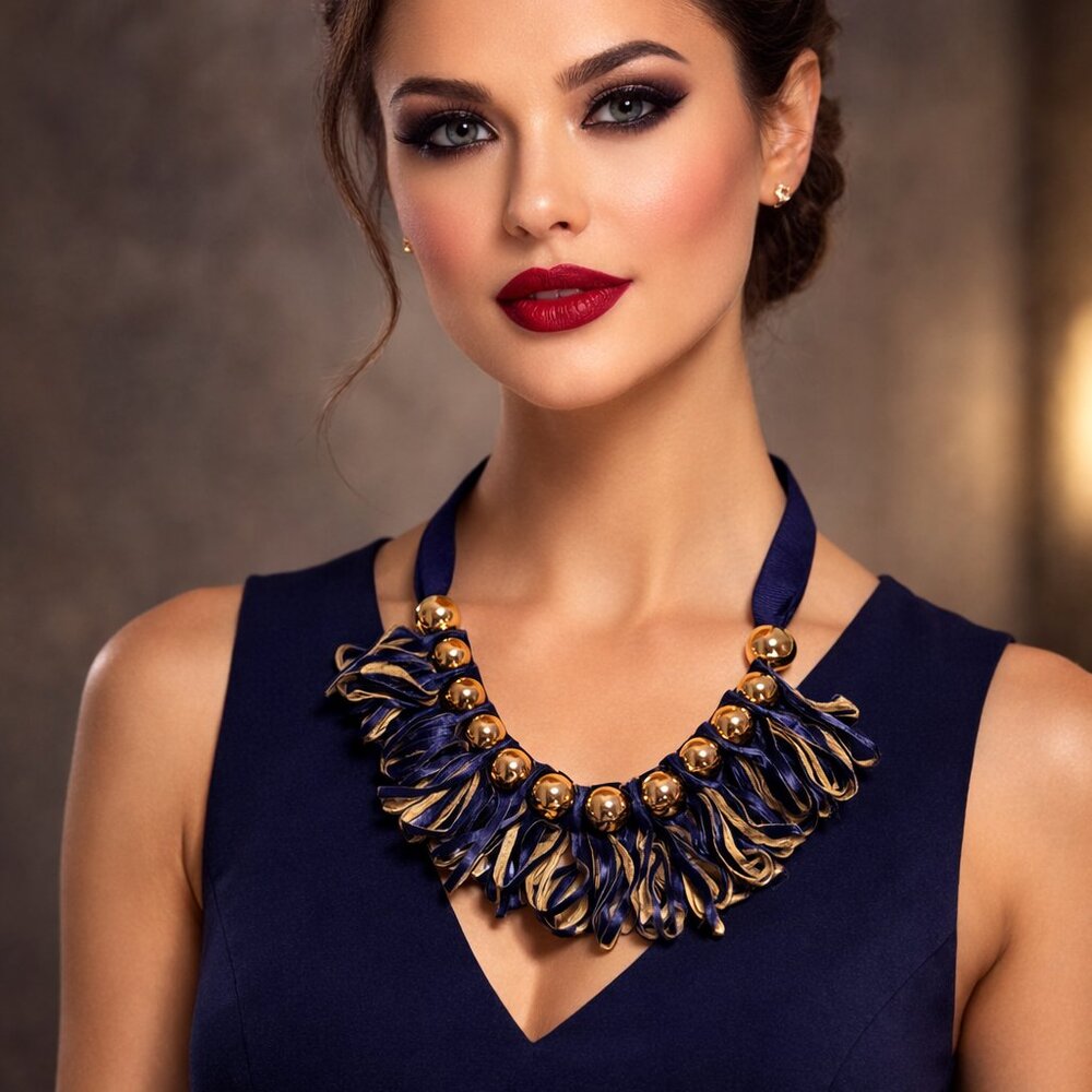7 Charming Sisters Navy & Gold Statement Necklace NWT Ribbon Fringe Bead Bib Nec - Picture 1 of 4